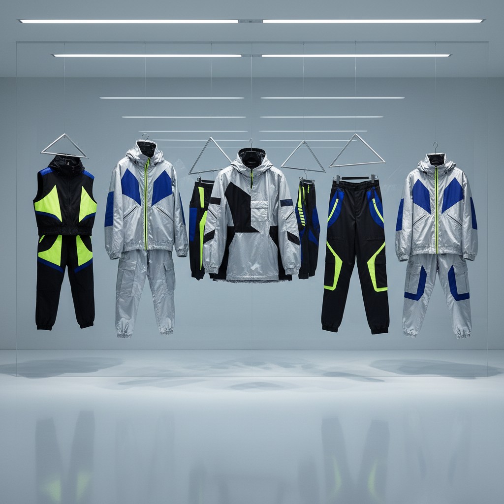 A display of colorful tracksuits featuring neon and geometric patterns on a light grey background.