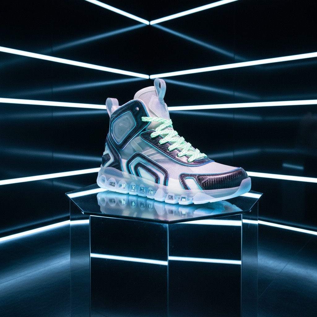A futuristic sneaker illuminates a dark room, its neon blue hue blending seamlessly with the floor and walls. The sneaker ...